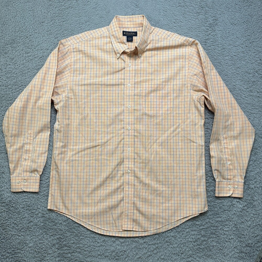 Brooks Brothers Regent Fit Shirt Mens Large Orange Blue Plaid Non-Iron Stretch